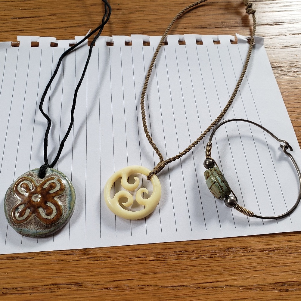 Lot of 2 necklaces and a bracelet; rustic.